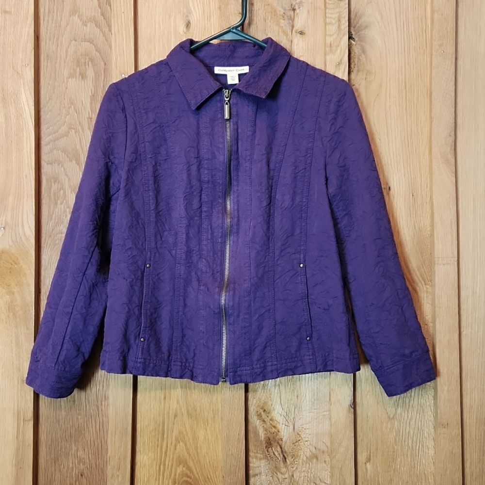 Coldwater Creek Zip Up Jacquard Midweight Collared Jacket, 8 Petite, Purple